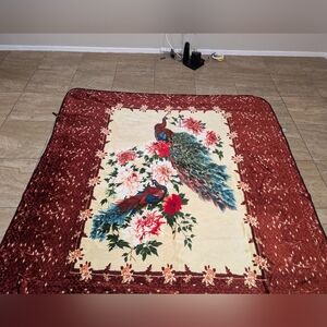 VINTAGE Mexican Novatex peacock Red Animal Print Border Blanket King Size